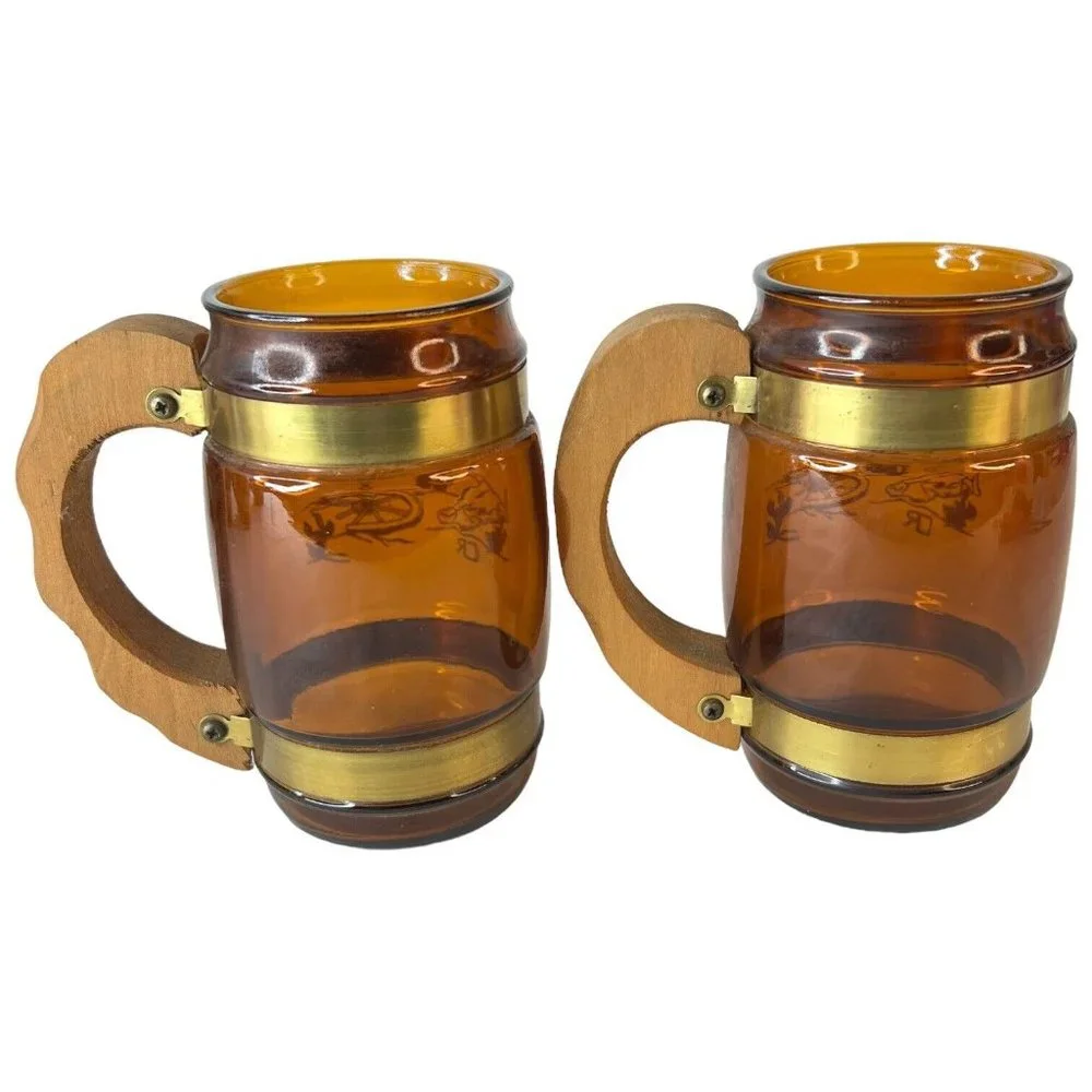 6 SiestaWare‎ Western Roundup Barrel Mug Wood Handle Wagon Wheel Skull CampFire
